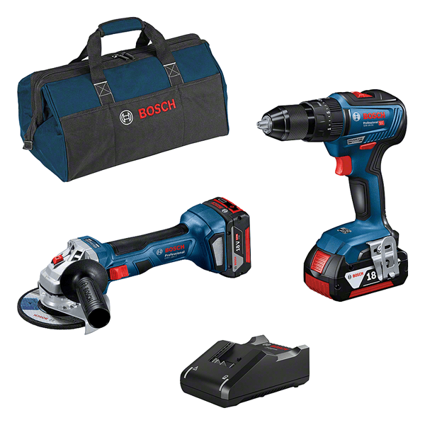 BOSCH - Kit trapano avvitatore GSB 18V-55 + smerigliatrice GWS 18V-7 + 2 batterie Li-Ion 18V-4Ah + borsone 