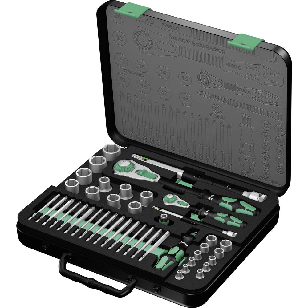 WERA - 8100 SA/SC  Kit di chiavi a bussola metrico 1/4" (6.3 mm), 1/2" (12.5 mm) 43 parti + cricchetto
