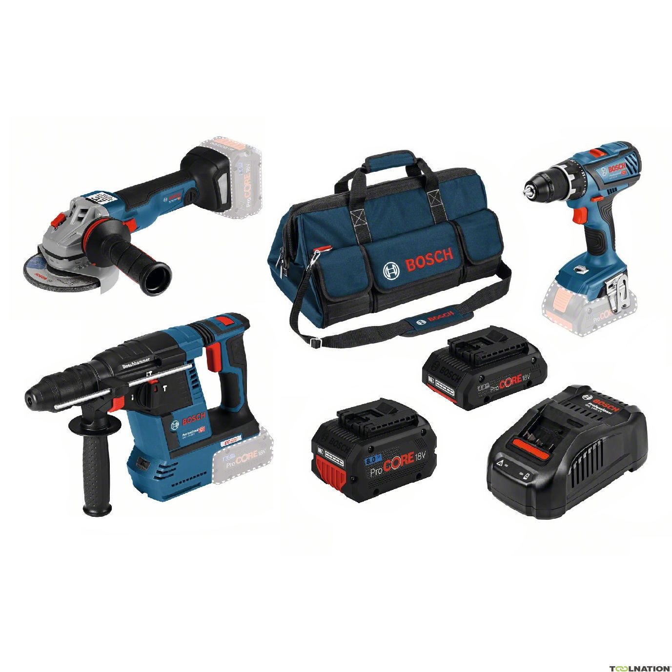 BOSCH - KIT DI 3 UTENSILI 18V: GSR + GWS + GBH + 2 BATTERIE PROCORE18V + CARICABATTERIA GAL + BORSA PORTAUTENSILI PROFESSIONAL
